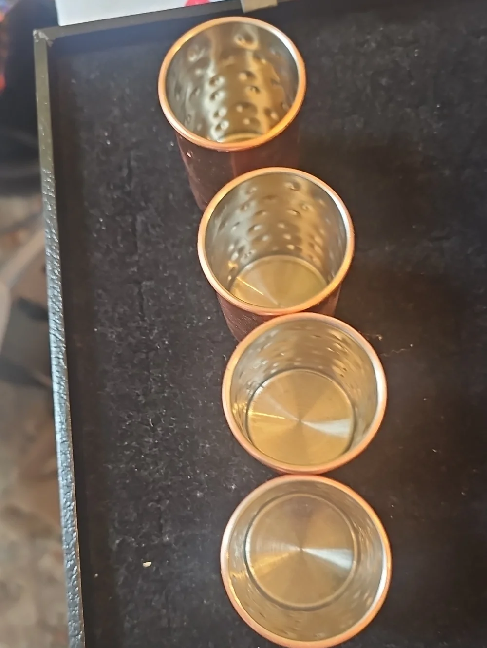 Vintage Hand-Hammered Copper Shot Glasses with Metal Caddy - Set of 4.